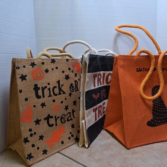Halloween Double Handle Tote Bags Trick Or Treat Bags Canvas Set Of 3 Glitter - Picture 2 of 11